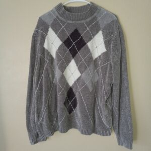 Super-Soft, Smokey/Charcoal-Grey/Winter White Argyle Crewneck Sweater Women's 2X